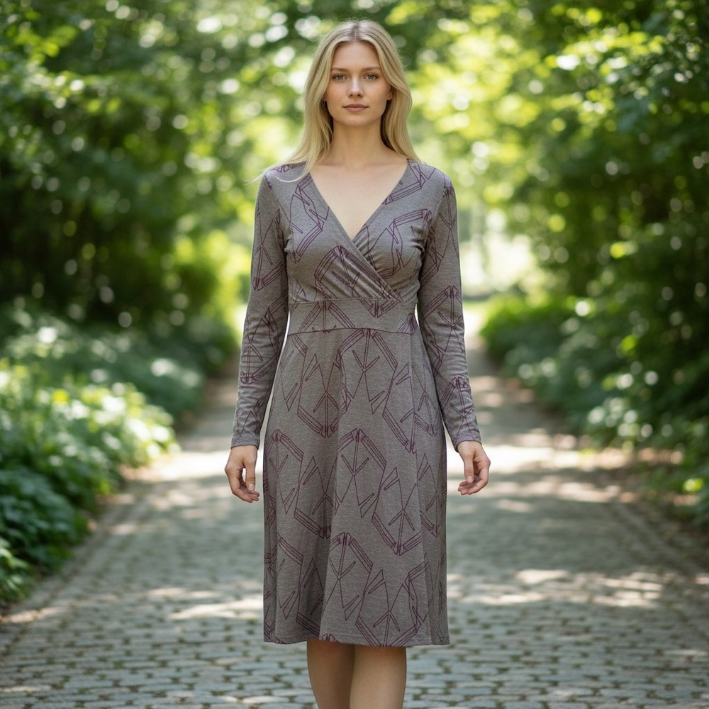 Toad& Co Cue Wrap Dress Small Brown Geometric Organic Cotton Tencel Long Sleeve‎